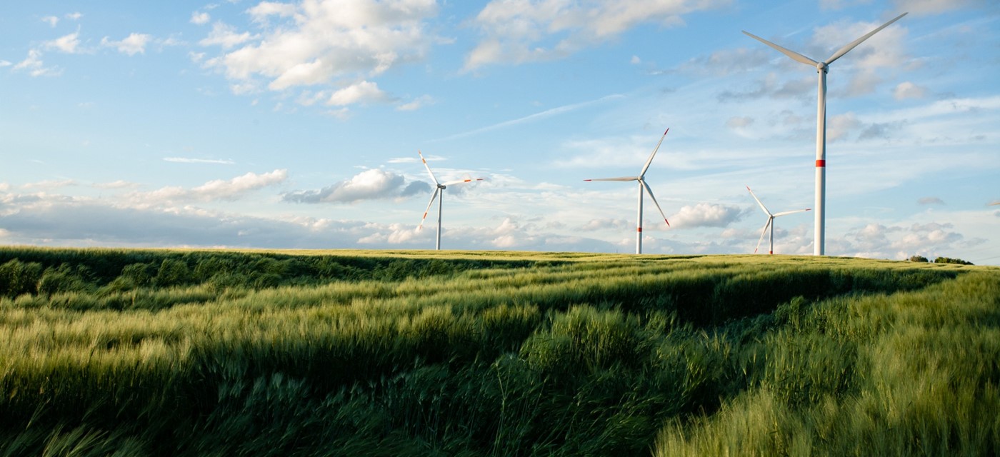 Beautiful Grassy Field With Windmills Distance Blue Sky (1)