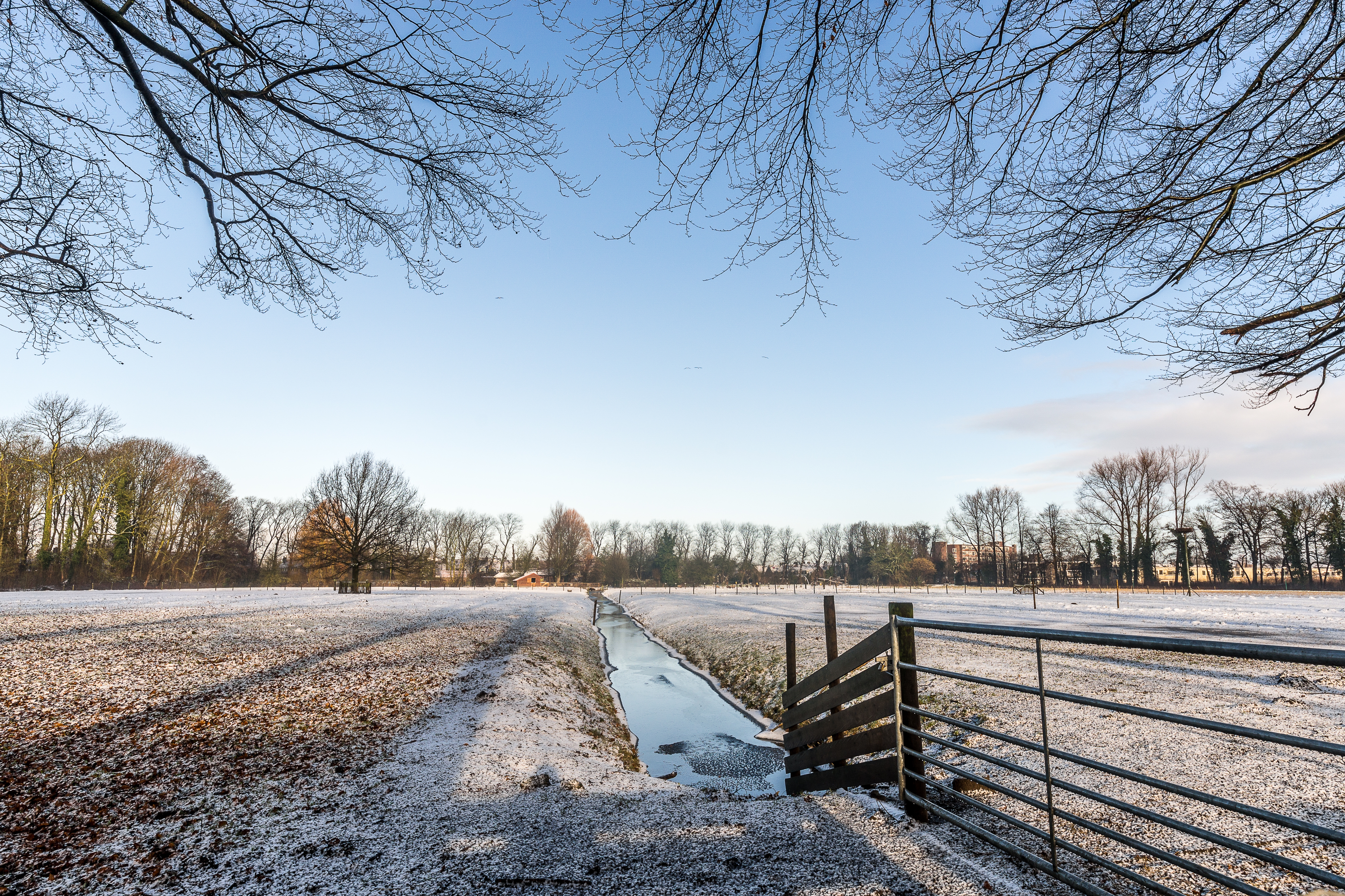 Narrow Water Stream Middle Empty Field Covered Snow